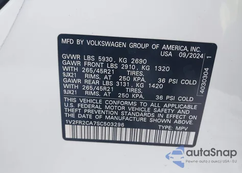 2025 Volkswagen Atlas 2.0T Sel Premium R-Line from USA, damaged, VIN 1V2FR2CA7SC503296